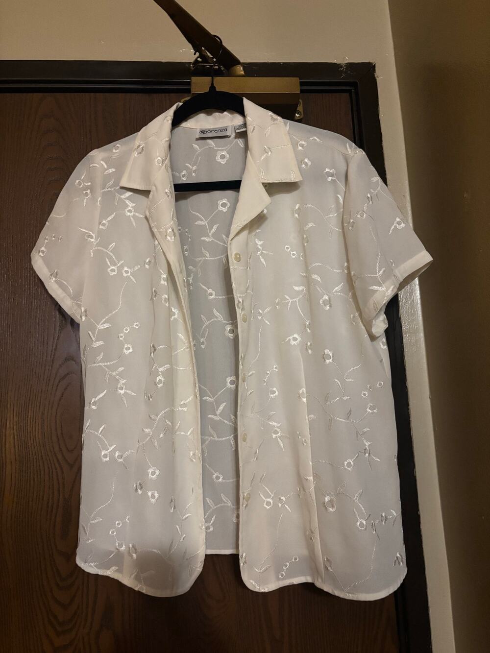 Vintage Cream Floral Embroidered Boho Silky Dressy Office Short-Sleeve Blouse